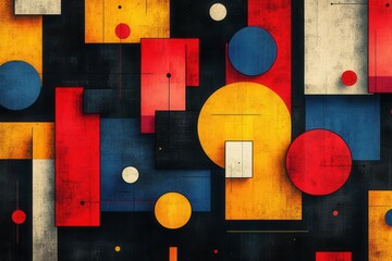 geometric seamless pattern featuring vibrant bauhaus-inspired shapes, showcasing a colorful and abstract background in a swiss style, perfect for modern design applications