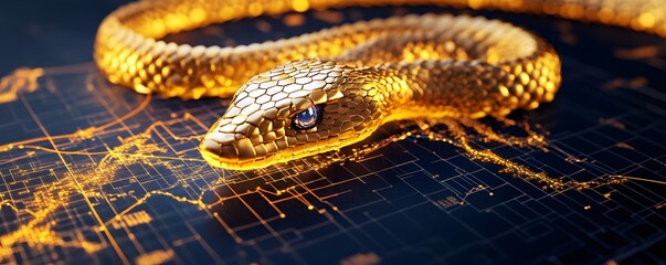 Obraz premium A striking close-up of a golden snake coiled on a digital map, symbolizing the intersection of nature and technology