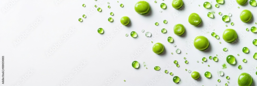 Aufkleber Scattered green peas and droplets of juice form an artistic arrangement on a clean white background, highlighting freshness and vitality. Generative AI