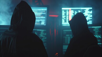 Blurry silhouettes of hooded figures scrolling through digital code on screens in a dark, mysterious hacker den, capturing the intensity of cyber programming.