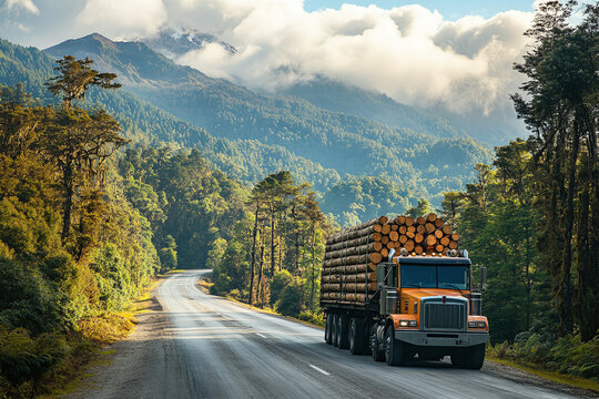 A loaded timber transport truck navigating scenic river highway.