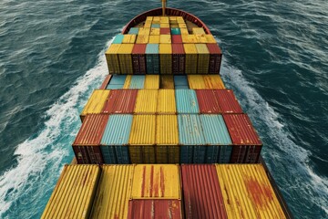 Fototapeta premium A large cargo ship loaded with red, yellow, and blue containers moving through the ocean, viewed from above. Concept of global shipping