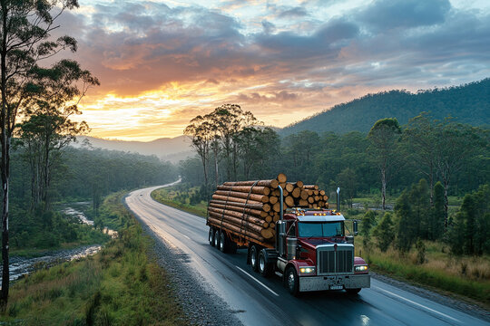 A loaded timber transport truck navigating scenic river highway. - Powered by Adobe