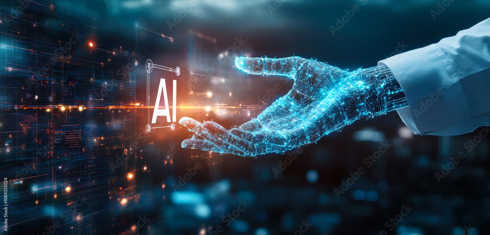 Poster robot and human hands connecting in ai and big data global network for business innovation