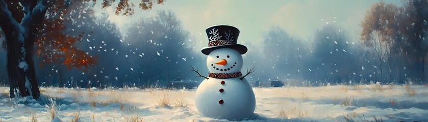 Obraz premium A cheerful snowman adorned with a top hat and scarf stands in a snowy landscape, surrounded by falling snowflakes, capturing the essence of winter joy and festive spirit.