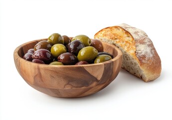 Obraz premium Olive platter with olives of different colors and shapes, in wooden bowl on white background