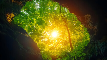 Sunlight Through Trees in a Forest, Realistic Image
