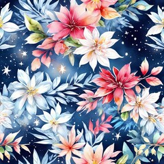 Lush floral pattern with vibrant pink, white petals against deep blue background.Dynamic leaves add depth, for projects needing fresh, nature inspired design, poster, greeting card, print, background