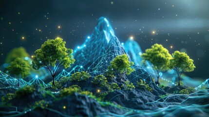 Fototapeta premium A digital mountain range with green trees and glowing blue lights.