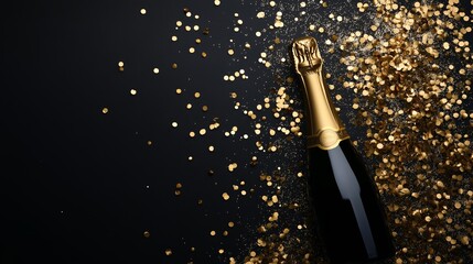 Fototapeta premium New Year Background with Gold Champagne Bottle and Sparkling Confetti