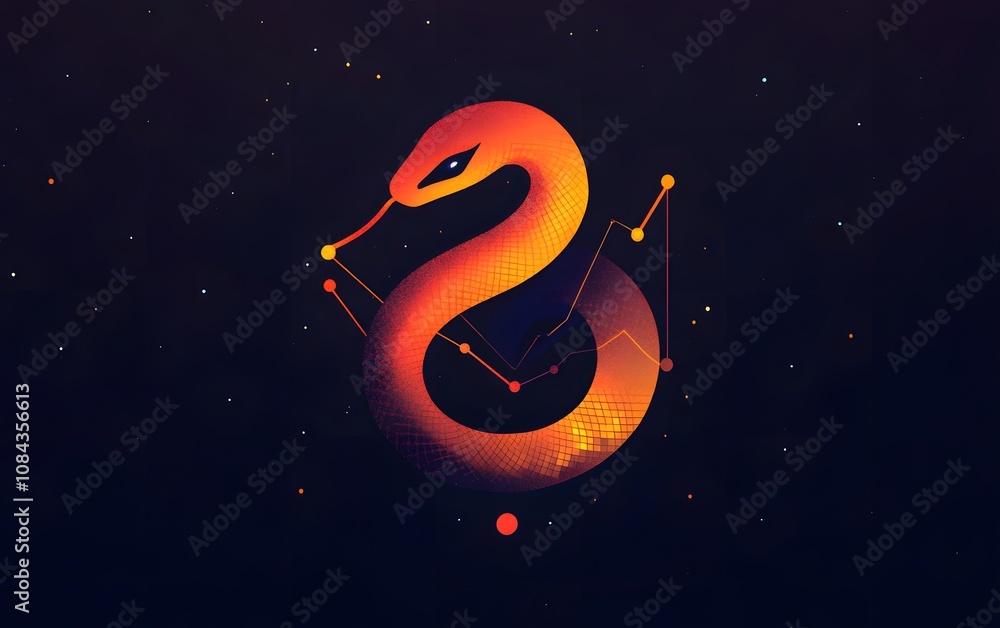 Poster a modern and creative digital artwork of a stylized snake, blending vibrant colors and geometric sha