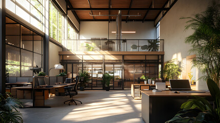 A shared workspace with individual desks high ceilings and glass partitions allowing natural light to fill the space and promote productivity.