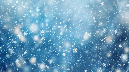 Fototapeta premium Falling Snow on Soft Blue Background with Abstract Bokeh Lights