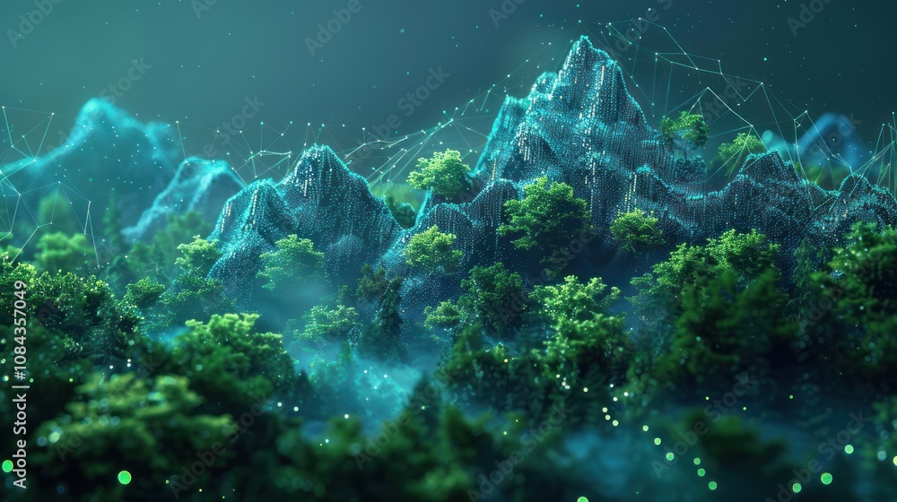 Poster abstract digital landscape with glowing lines connecting trees and mountains.