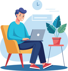 a boy is using his laptop vector