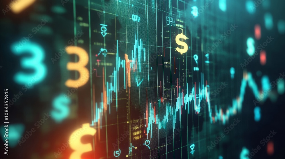 Aufkleber a financial backdrop showing a complex graph with upward and downward trends, combined with various 