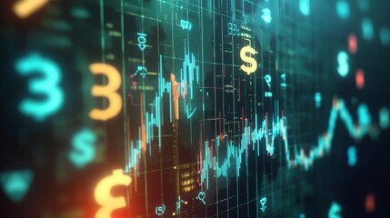 A financial backdrop showing a complex graph with upward and downward trends, combined with various currency symbols floating around the chart. 