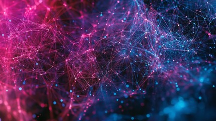 Obraz premium Design Background With Abstract Network of Neon Glowing Nodes and Connections in Blue, Pink, and Orange Depicting Technology and Connectivity