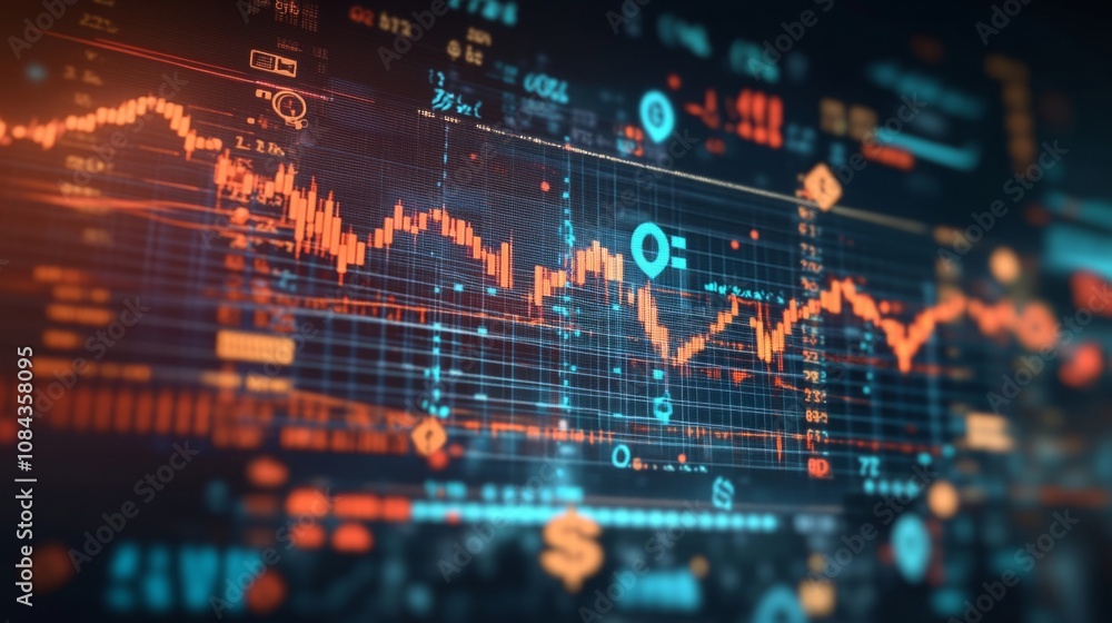 Fototapete a financial backdrop showing a complex graph with upward and downward trends, combined with various 
