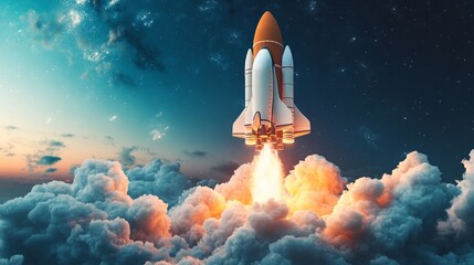 Rocket Launching Into Night Sky With Glowing Flames and Smoke Trail Representing Innovation, Exploration, and Advanced Space Technology
