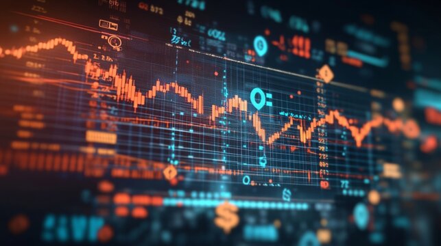 A financial backdrop showing a complex graph with upward and downward trends, combined with various currency symbols floating around the chart. 