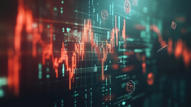 A financial backdrop showing a complex graph with upward and downward trends, combined with various currency symbols floating around the chart. 