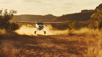 Fototapeta premium A small bush plane landing on a dirt runway in a remote area capturing ruggedness and the adventure of off-the-grid travel.