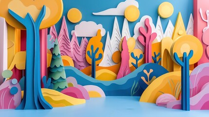 3D abstract forest mural featuring vivid colors and playful shapes, kids' rooms.