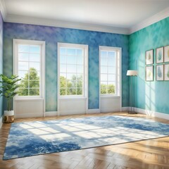 Fototapeta premium A room with large bright windows with a watercolor design after renovation.