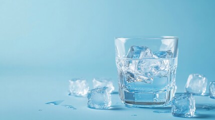 A glass with ice water and ice cubes on a blue background. A refreshing and chilling drink in hot weather. Isolate the free space