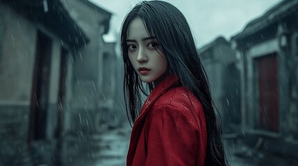 Obraz premium Chinese girl, red wool jacket, long hair, background on Ruins Street, darkness, rainy day, movie special effects,generative ai