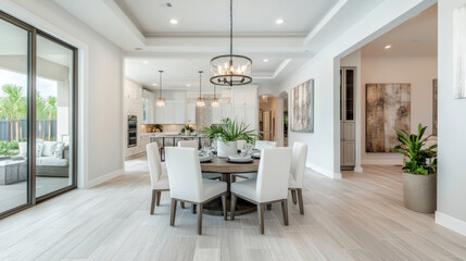Fototapeta premium spacious and bright dining room with large wooden table and white chairs