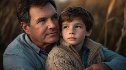 Fototapeta premium Tender moment between grandfather and grandson in nature at sunset