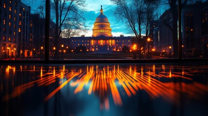 Fototapeta premium Silhouette of the White House with the United States flag and a stock market chart, symbolizing the connection between USA presidential elections, economy, and investment concepts, reflecting politica