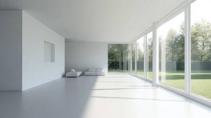 Obraz premium A spacious living room features bright natural light streaming through large windows, creating an inviting atmosphere with minimal furnishings. Generative AI