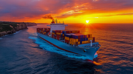 Obraz premium A cargo ship travels across the ocean, illuminated by the colorful glow of a sunset with clouds above coastal cliffs