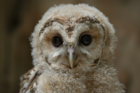 Close up portrait of a young owl staring with intense dark eyes