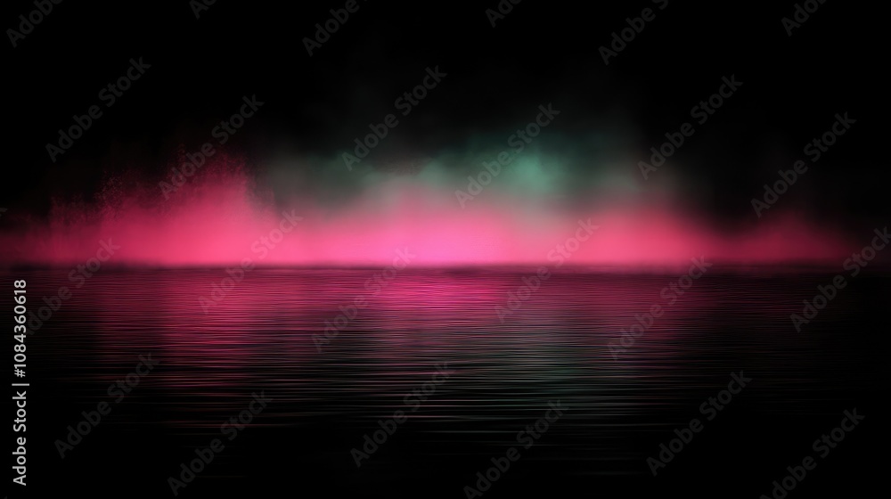 Poster here's a and keyword list for your image.. pink and teal neon reflection on dark water.