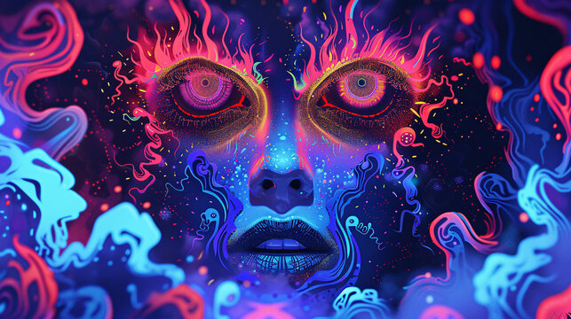 A vibrant hologram of a skeleton head with iridescent textures, set against a dark, mysterious backdrop