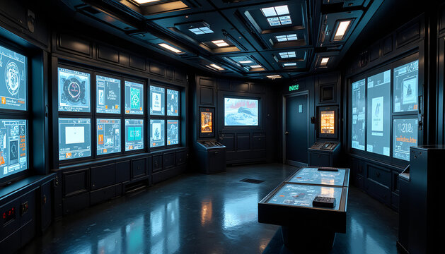 Exploring a futuristic control room showcasing UFO sightings and alien technology with interactive displays