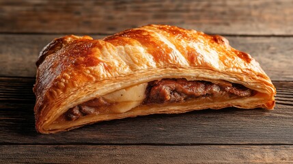 Close-up of a slice of apple pie pastry with golden brown puff pastry crust on a rustic wooden table surface.