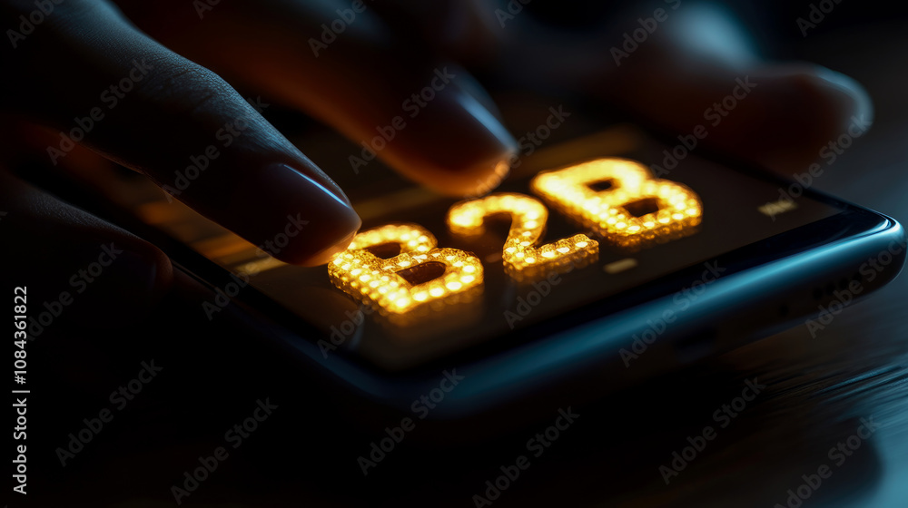 Poster a hand interacts with a smartphone displaying glowing b2b letters, suggesting focus on business acti
