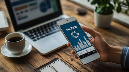 A person focuses on their smartphone showing success metrics beside a laptop and coffee, highlighting a productive work environment