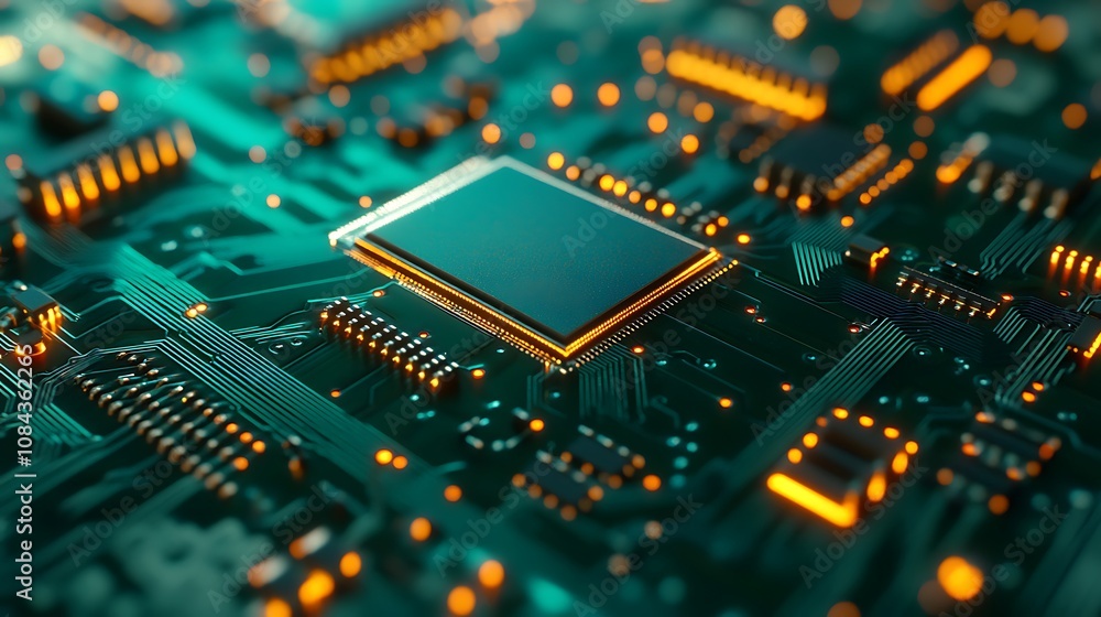Poster advanced circuit board closeup with prominent processor and tech details.