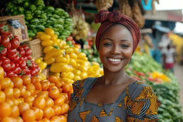 happy african woman shopping in a grocery store, showcasing a confident and informed consumer, surrounded by vibrant produce and a welcoming shopping environment