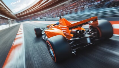 orange Formula One car in the lead, with other cars behind it at speed on a race track