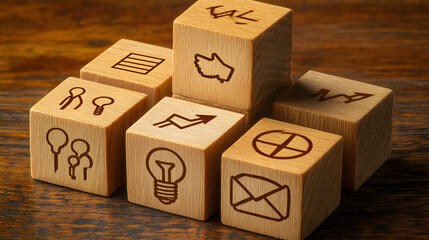 Fototapeta premium Wooden cubes arranged in a stair-step pattern each with business icons like a lightbulb handshake and target ending with a top cube featuring an upward arrow symbolizing achievement.