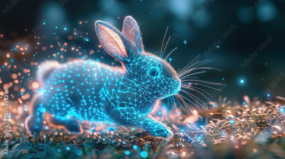 Poster a digital rendering of a rabbit, rendered in a futuristic, glowing style, with particles of light su