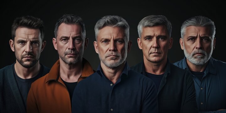 Five men portraits showing age progression against dark background. Male aging process concept