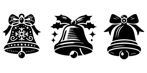 Decorative Christmas bells silhouette set with festive patterns in black and white illustration. Holiday Season Symbol, christmas bell icon, christmas bell illustration , christmas silhouette, Bell 